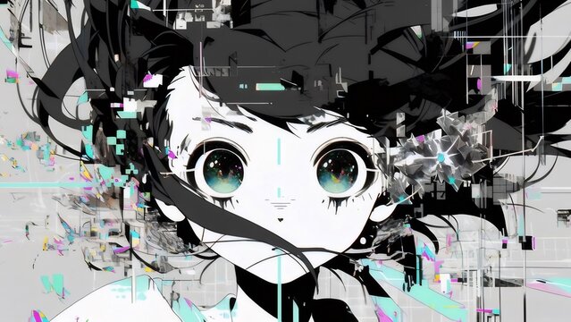 Abstract Anime Girl Portrait with Glitch Effect and Vibrant Colors