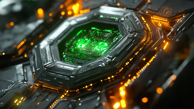Futuristische 3D-Visualisierung eines achteckigen gr&uuml;nen Reaktors mit goldenen technischen Elementen