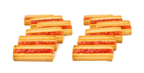 Shortbread sticks with a jam strip isolated, biscuit cookies with fruit marmalade or jelly on white