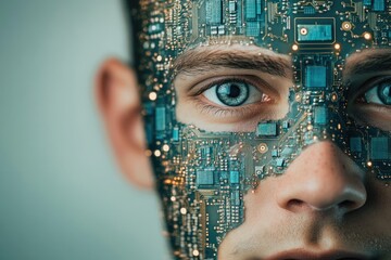 A man's face is overlaid with a circuit board, symbolizing the fusion of humanity and technology.