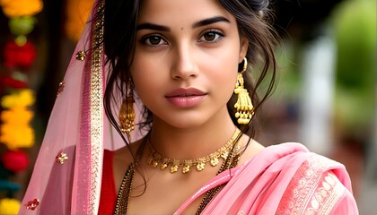 A close-up of a woman with dark hair wearing gold earrings and a pink sari.