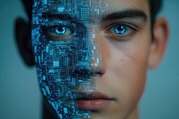 Human face overlaid with a futuristic digital circuit board design, showcasing a blend of human and artificial intelligence.