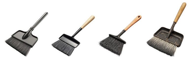 Various Cleaning Brushes and Dustpans for Home and Office Use, Isolated on Transparent Background