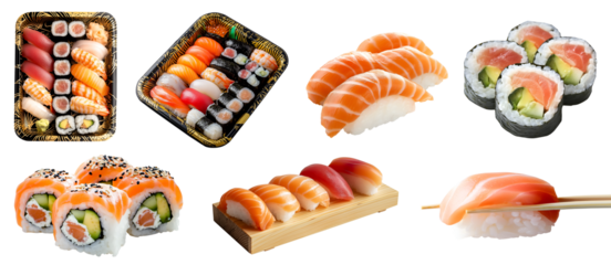 Collection set of Maki roll Nigiri sushi, many ingredient chopstick, wooden block, oriental takeaway tray, tuna salmon seaweed roe avocado on transparent cutout PNG. Mockup template for artwork design