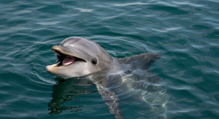 Happy Dolphin in Ocean Water - A playful dolphin smiles, its mouth open, in clear blue ocean water. A joyful marine mammal scene