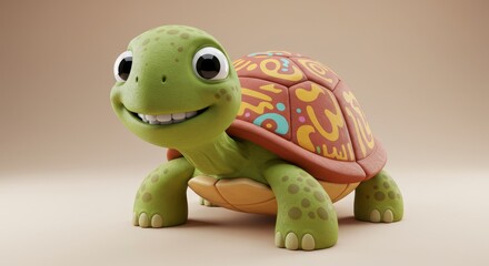 Fototapeta premium Happy Turtle - Smiling cartoon turtle, playful, cheerful, slow and steady, symbolizes patience, perseverance, and joy