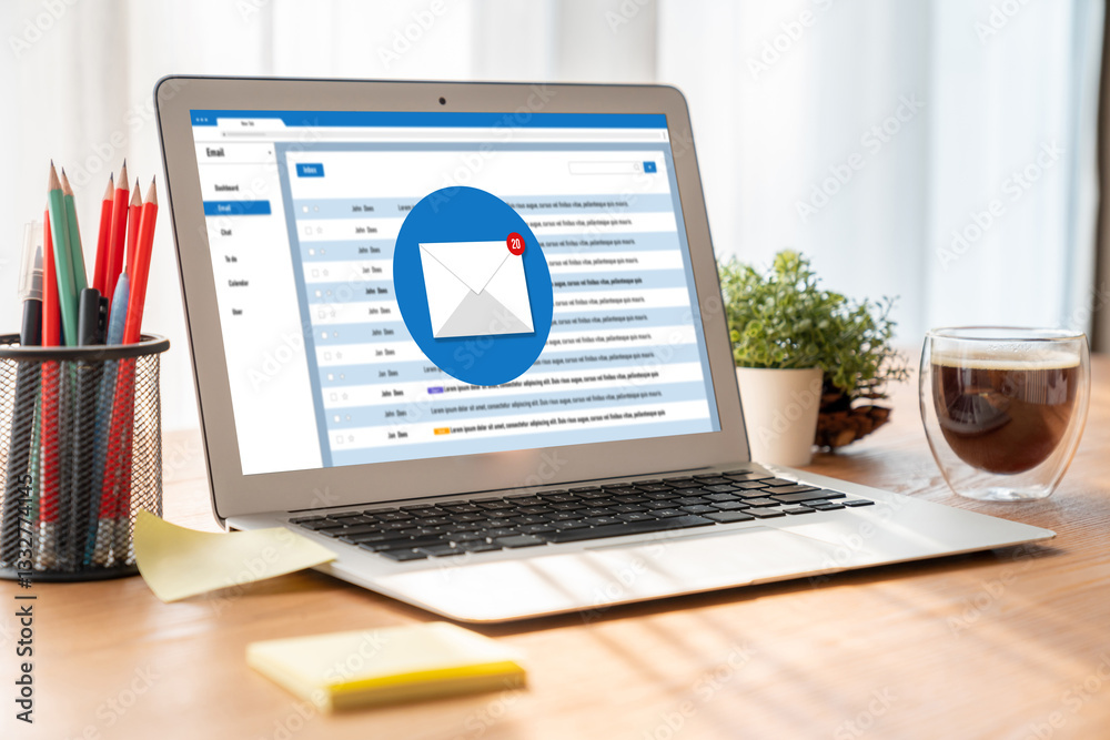 Poster email notification message showing on computer screen snugly. digital marketing message information 