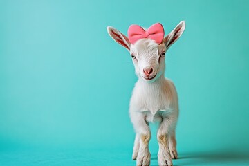 baby goat wearing a pink bow on its head standing on a soft teal background with copy space