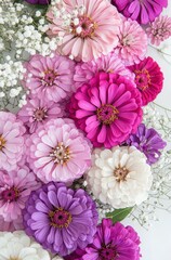 Fototapeta premium Vibrant Display of Colorful Flowers with Greens and Delicate Baby's Breath for Elegant Floral Arrangement and Decoration Ideas