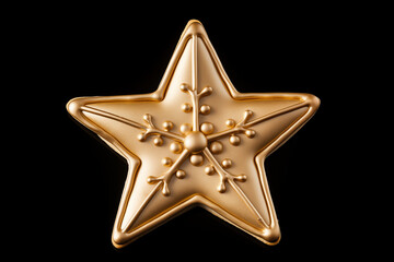 Golden star ornament with intricate snowflake design, isolated on a black background, perfect for holiday decorations and festive themes.