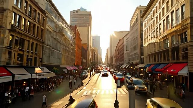 Golden Hour City Street:  Vibrant Storefronts & Sun-Drenched Avenue