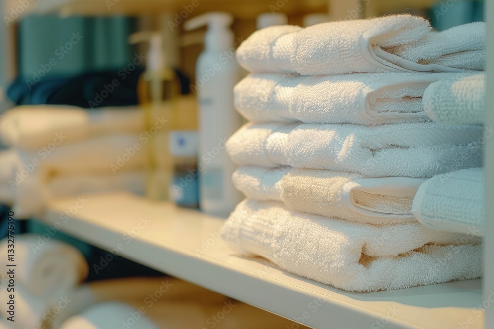 Aufkleber Cozy bathroom shelf features neatly folded towels, creating a clean and inviting atmosphere for hotels and spa salons Generative AI