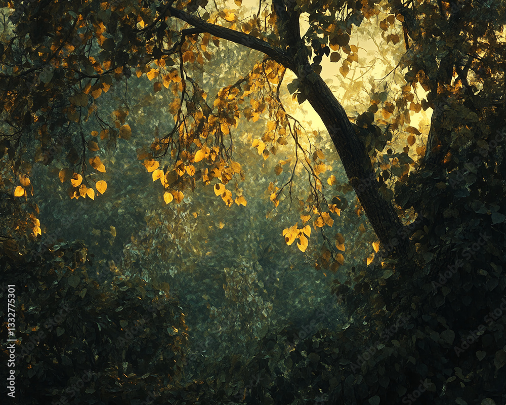 Poster golden leaves illuminate a dark forest scene, creating a mystical and serene atmosphere, showcasing 