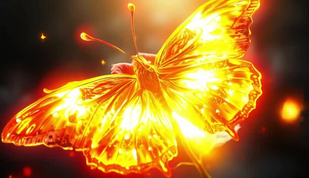 Transformation Magnificent Red Rose into Glowing Fiery Butterfly with Radiant Wings in a Magical Atmosphere