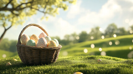 Wicker basket filled with pastel dotted Easter eggs sits on green grass, sunny spring landscape background, symbolizes Easter holiday, springtime freshness