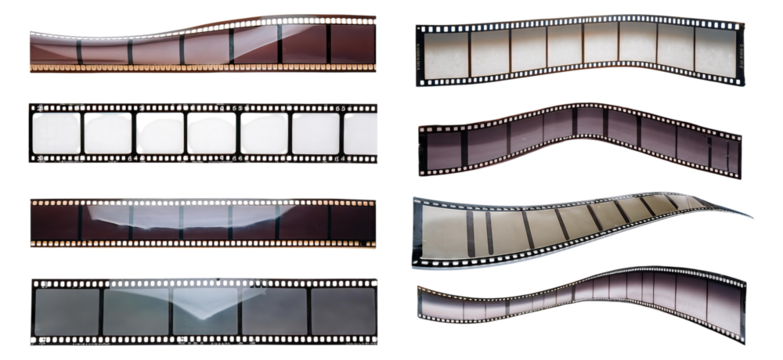 Vintage Film Strips with Varied Textures and Opacity Effects, Isolated on Transparent Background