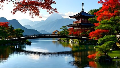Obraz premium A serene landscape featuring a bridge spanning a tranquil body of water with majestic mountains looming in the background and a pagoda standing proudly on its banks.