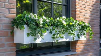 Fototapeta premium White window box overflowing with greenery and white flowers