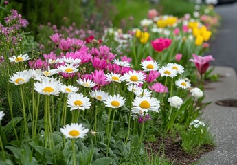 Fototapeta premium Vibrant Display of Colorful Spring Flowers in a Lush Garden Border with Tulips, Daisies, and Other Blossoms Blooming in a Sunny Landscape