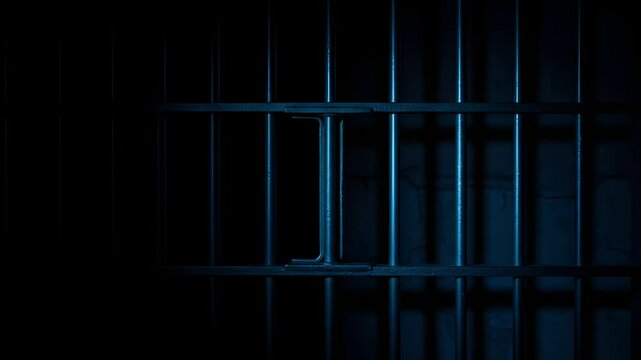 Prison Cell Bars Casting Shadows: Symbolizing Confinement and Loss of Freedom. metal prison cell bars casting shadows on the floor, representing themes of incarceration, confinement