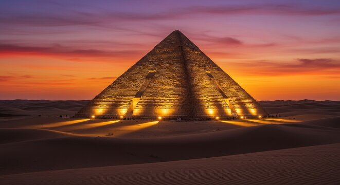 Majestic Pyramid at Sunset - Illuminated pyramid at sunset in the desert. Ancient architecture, travel, history