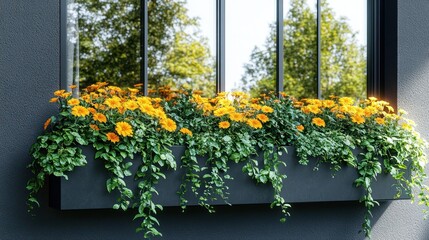 Naklejka premium Window box overflowing with vibrant yellow flowers, cascading greenery, and modern design