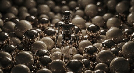 Metal Robot Amidst Spheres - A chrome robot stands amidst a field of metallic spheres, creating a futuristic and somewhat lonely scene