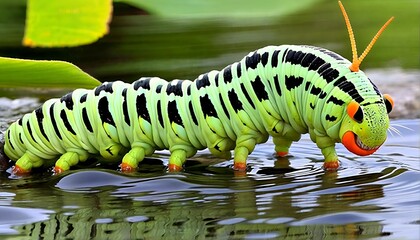 Naklejka premium a caterpillar drinking water from a pond.