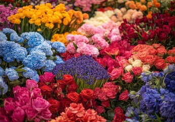 Vibrant Display of Multicolored Flowers in a Blooming Garden Fresh Arrangements in Different Shades of Pink, Blue, Yellow, and Red Colors Captivating Nature's Beauty