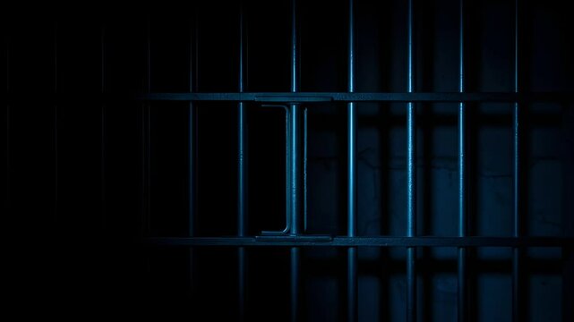 Prison Cell Bars Casting Shadows: Symbolizing Confinement and Loss of Freedom. metal prison cell bars casting shadows on the floor, representing themes of incarceration, confinement