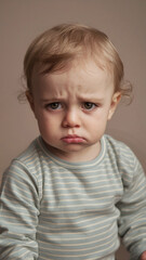 Fototapeta premium Close-up of toddler's face showing sadness, light blond hair, wearing light blue striped shirtNeutral background, showcasing child's emotion