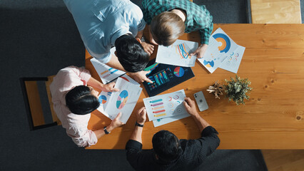 Top down aerial view of smart business people analyze data together at meeting. Group of business...