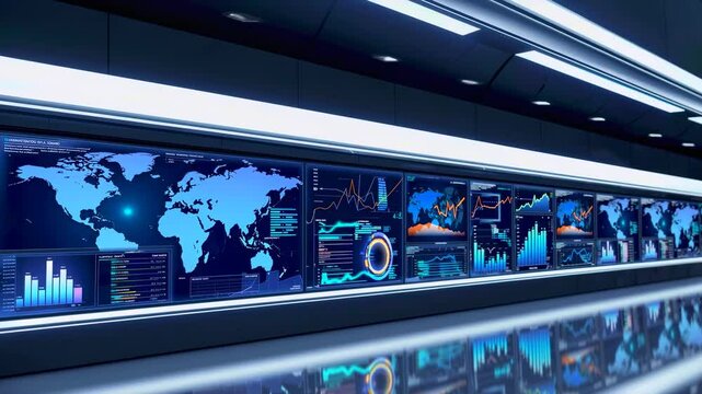 Multiple digital screens displaying world map, financial graphs, statistical charts, and dynamic data visualizations in a high-tech control room environment 