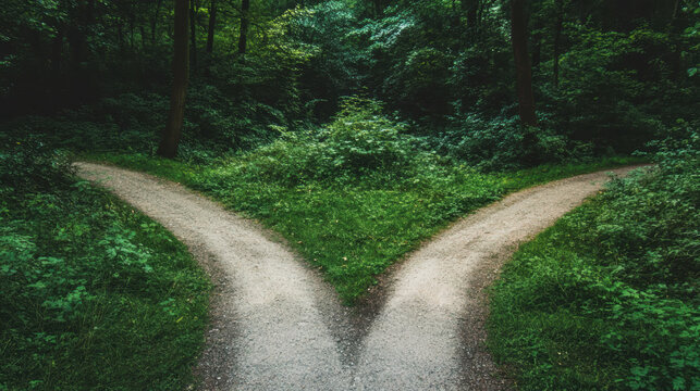 Exploring diverging paths in lush green forest nature scene peaceful