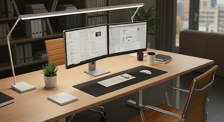 Naklejka premium Modern Office Setup with Dual Monitors and Task Lighting Design