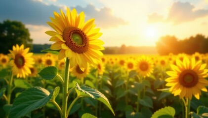 Naklejka premium Vibrant sunflowers bathed in golden sunlight, summer landscape , cloudless, illustration