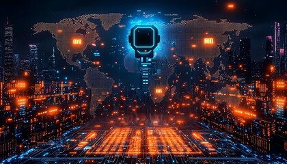 Futuristic city scene illustrating a global network of information flow