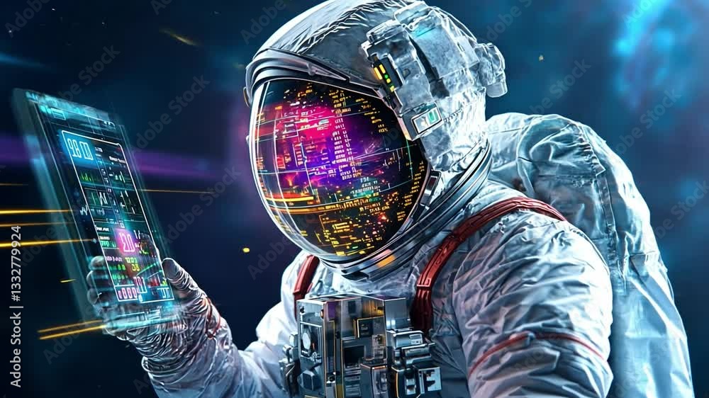 Poster astronaut using advanced technology in a futuristic environment with vibrant digital display