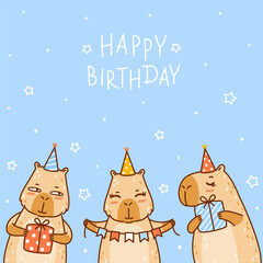 Greeting card with cute сartoon capybaras on blue background - funny animals for Your Birthday design