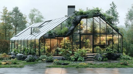 Fototapeta premium Modern Glass House Integrated with Nature