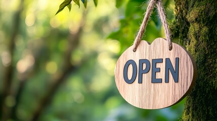 A wooden open sign hangs from a tree in a vibrant forest, symbolizing welcome and accessibility, Ideal for businesses in nature, cafes, or workshops, conveying a warm, inviting atmosphere,