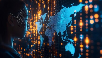 A woman observing the digital world map on a screen