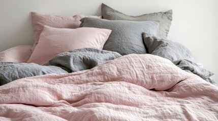 Cozy bed styled with soft pink and gray linens, creating a warm and inviting atmosphere. Ideal for modern bedroom designs and relaxed living spaces.