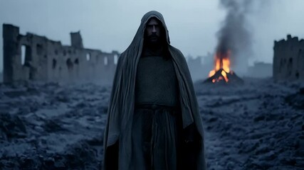 Hooded Figure in Volcanic Ruins, Post-Apocalyptic Setting - Powered by Adobe