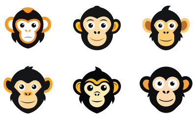 Fototapeta premium Cute Monkey Heads in a Variety of Expressions. six cartoon monkey heads, each with a different expression