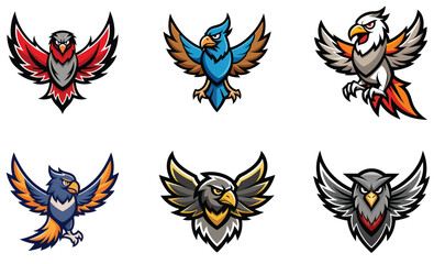 Obraz premium Six Vector Birds in Flight, Ready for Logo Design.A collection of six stylized bird logos, featuring various colors and designs.