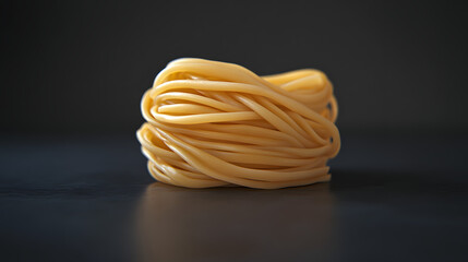 A bundle of spaghetti noodles loosely arranged on a dark background, with their smooth texture and natural form creating a simple yet sophisticated composition.
