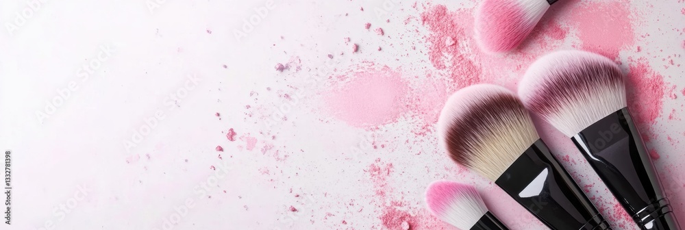 Aufkleber Makeup brushes scattered on a light background with soft pastel blush strokes creating an artistic minimalist design for cosmetic enthusiasts Generative AI