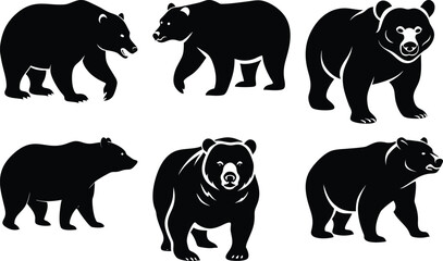 Naklejka premium Black and White Bear Silhouettes for Design Elements.Six different black silhouette images of bears in various poses.