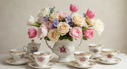 Porcelain Teacups and Floral Delight - Elegant porcelain teacups and saucers arranged with a beautiful pastel floral bouquet. Symbolizing serenity, grace, springtime, celebration, and friendship